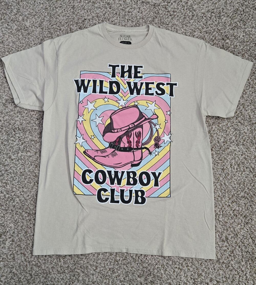 SUGAR FLOWER The Wild West Cowboy Club Graphic Tan T-Shirt Top Mens Size M